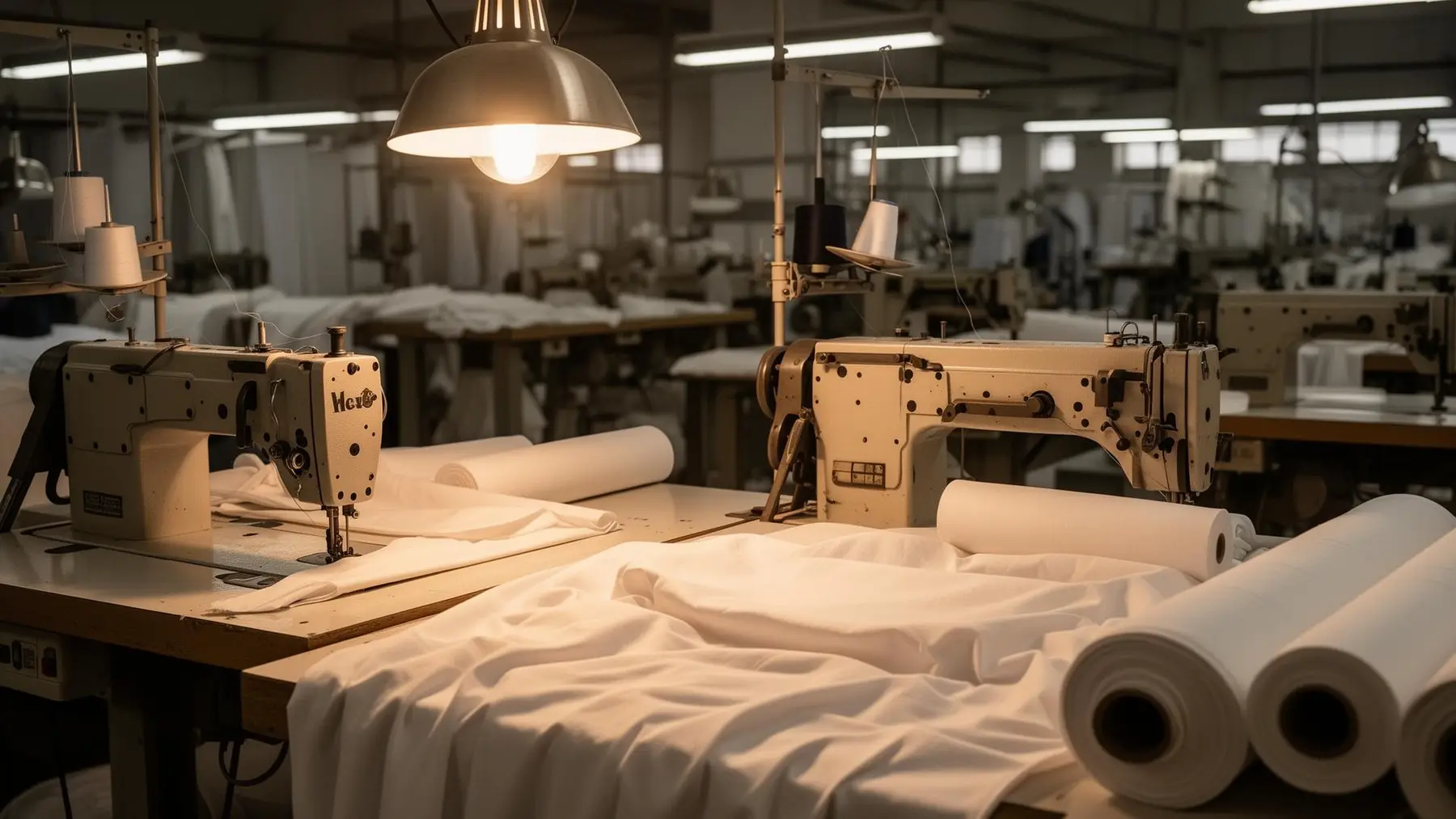 SOVA atelier — industrial sewing machines and fabric rolls